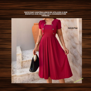 Vestido Feminino Midi Rodado Evangélico, Detalhes de Botão com Blazer Fake,Casual Elegante,Manga Bufante Malha Canelada