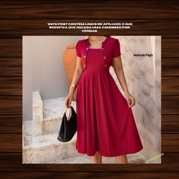 Vestido Feminino Midi Rodado Evangélico, Detalhes de Botão com Blazer Fake,Casual Elegante,Manga Bufante Malha Canelada