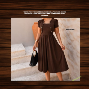 Vestido Feminino Midi Rodado Evangélico, Detalhes de Botão com Blazer Fake,Casual Elegante,Manga Bufante Malha Canelada