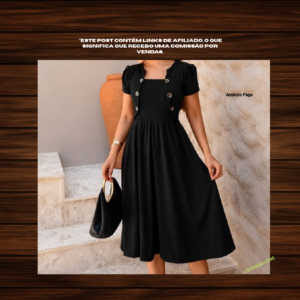Vestido Feminino Midi Rodado Evangélico, Detalhes de Botão com Blazer Fake,Casual Elegante,Manga Bufante Malha Canelada