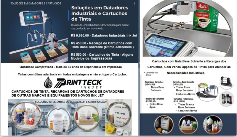 IMPRESSORAS DATADORAS INDUSTRIAIS INK JET E RECARGA DE SEUS CARTUCHOS COM TINTA BASE SOLVENTE R$ 450,00.