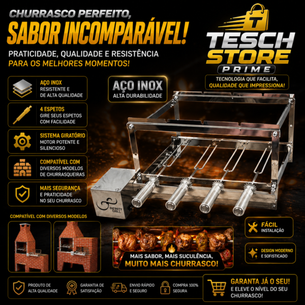 Gira Grill inox 4 espetos para churrasqueira